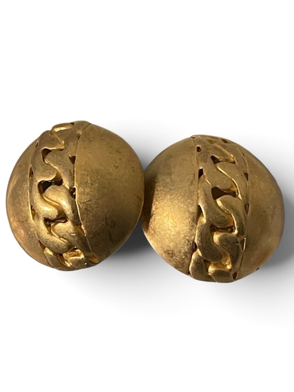 1980’s Les Bernard Satin Gold Domed Chain Link Runway Statement Clip-On Earrings